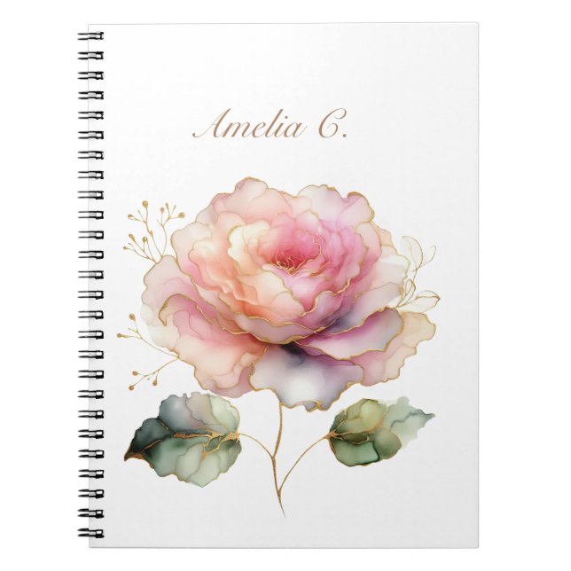 Elegant Watercolor Pink Rose White Notebook (Front)