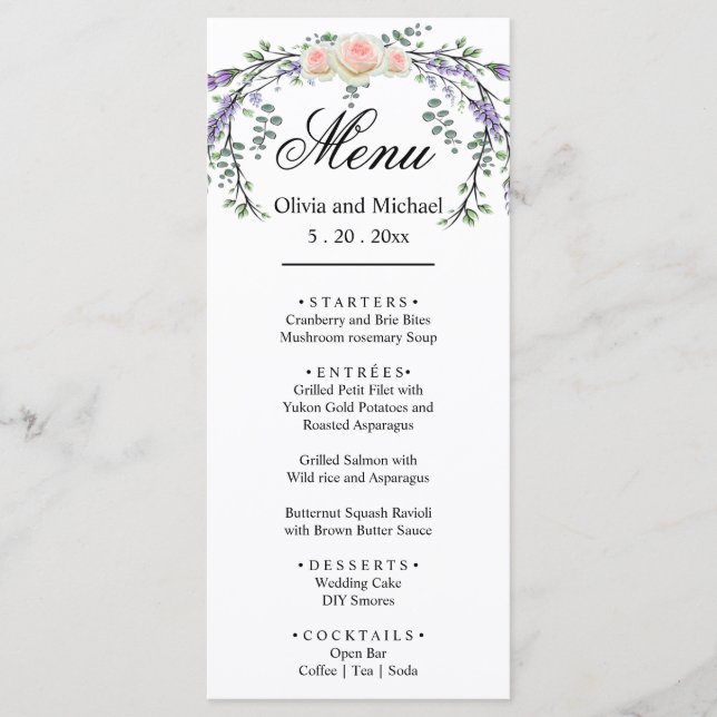 Elegant watercolor pink roses botanical lavender  menu (Front)