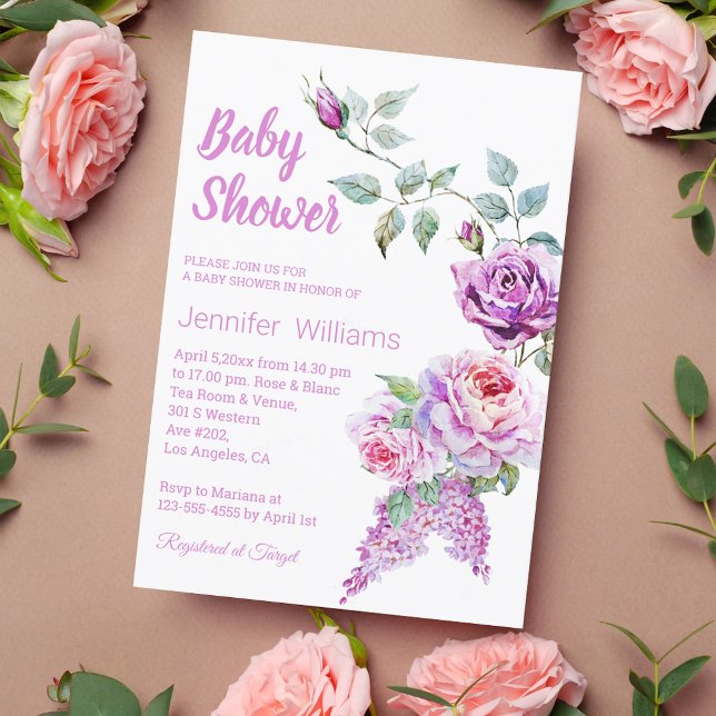 elegant watercolor pink roses girl baby shower invitation (Creator Uploaded)