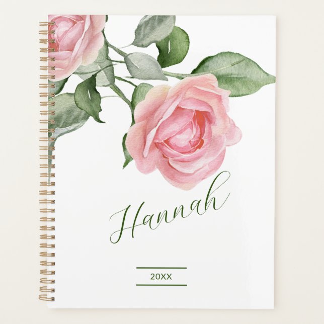 Elegant Watercolor Pink Roses Name Planner (Front)