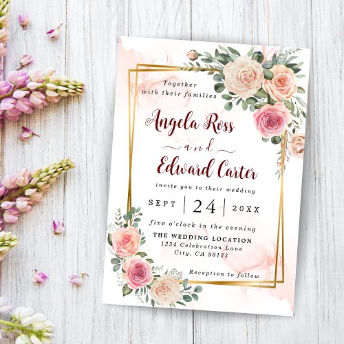 Elegant Watercolor Pink Roses Wedding Invitation