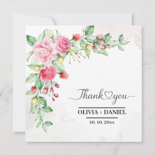 Elegant Watercolor Pink Roses Wedding Thank You Note Card