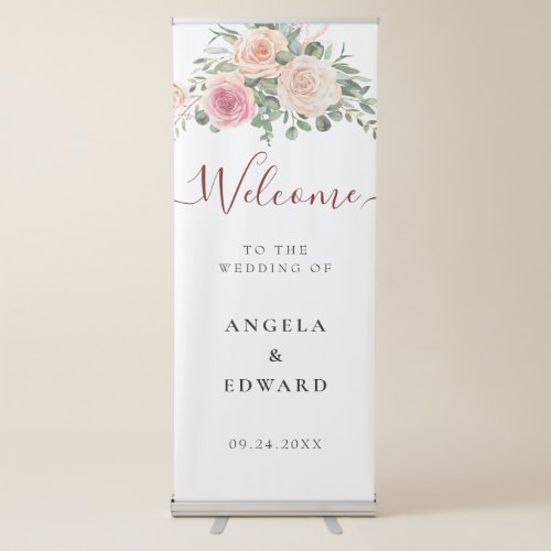 Elegant Watercolor Pink Roses Wedding Welcome Retractable Banner