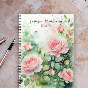 Elegant Watercolor Pink Roses with Green Leaves Notebook