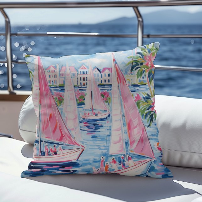 Elegant Watercolor Pink Sailboats Tropical Coastal Throw Pillow (Creator Uploaded)