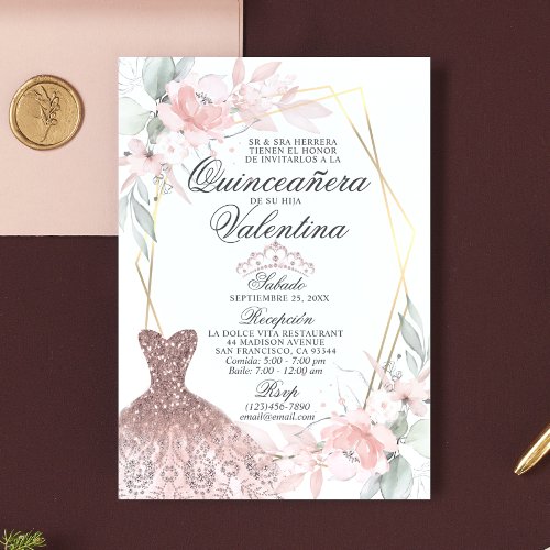 Elegant Watercolor Pink Spanish Quinceaera Quince Invitation