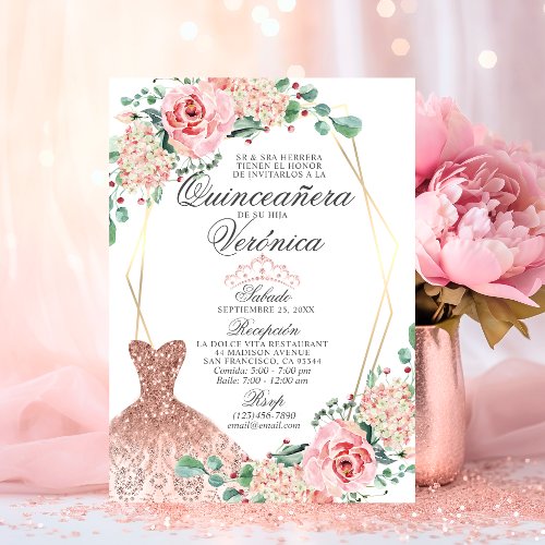 Elegant Watercolor Pink Spanish Quinceaera Quince Invitation