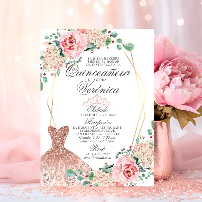 Elegant Watercolor Pink Spanish Quinceañera Quince Invitation | Zazzle