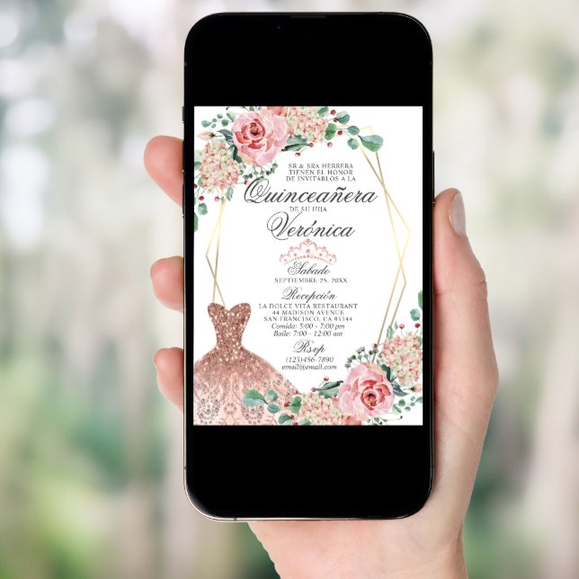 Elegant Watercolor Pink Spanish Quinceañera Quince Invitation (Front Digital)