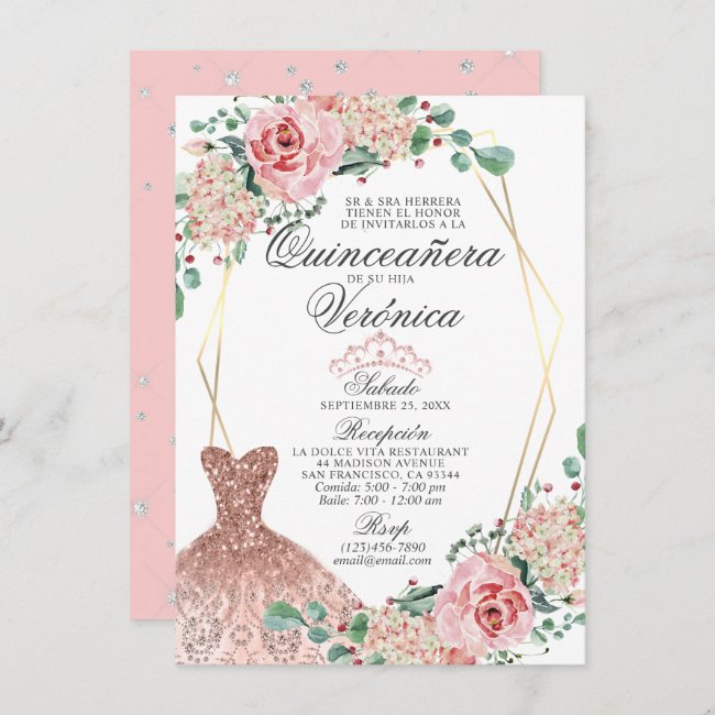 Elegant Watercolor Pink Spanish Quinceañera Quince Invitation