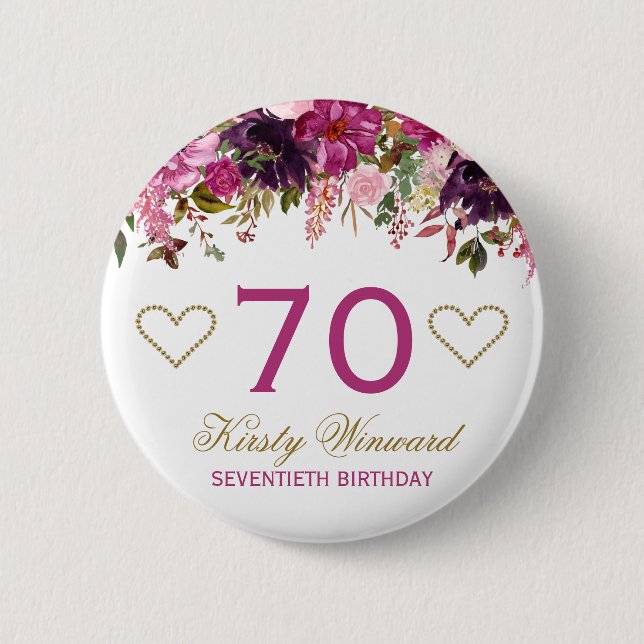 Elegant Watercolor Pink Spring Flowers Birthday Button (Front)