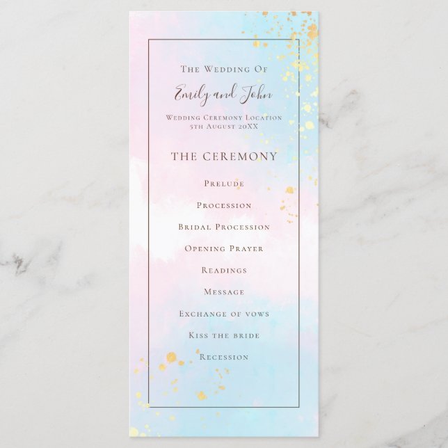 Elegant Watercolor Pink Teal Gold Confetti Wedding Program (Front)