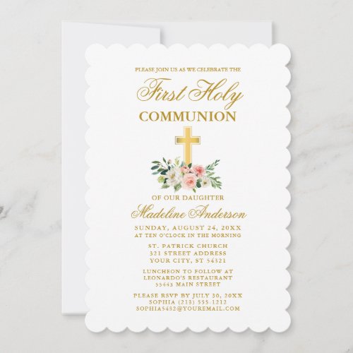 Elegant Watercolor Pink White Floral Communion Invitation