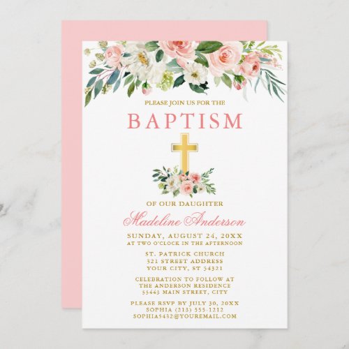 Elegant Watercolor Pink White Floral Gold Baptism Invitation