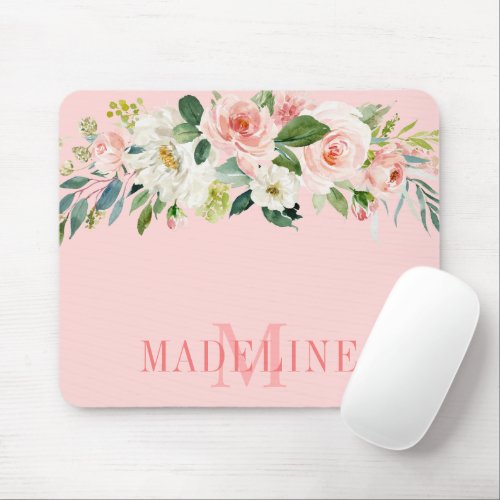 Elegant Watercolor Pink White Floral Monogram Mouse Pad