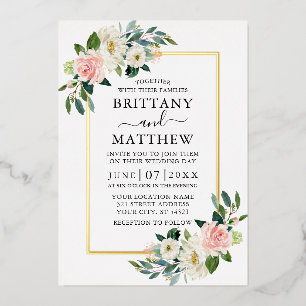 Elegant Watercolor Pink White Floral Wedding Gold Foil Invitation