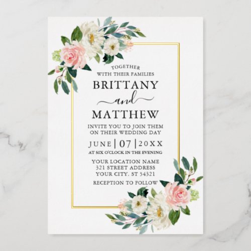 Elegant Watercolor Pink White Floral Wedding Gold Foil Invitation