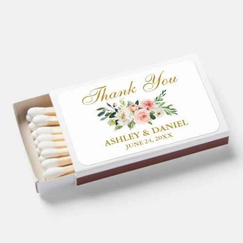 Elegant Watercolor Pink White Floral Wedding Gold Matchboxes