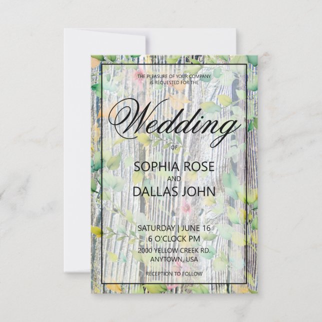 Elegant watercolor pink wildflowers barnwood invitation (Front)