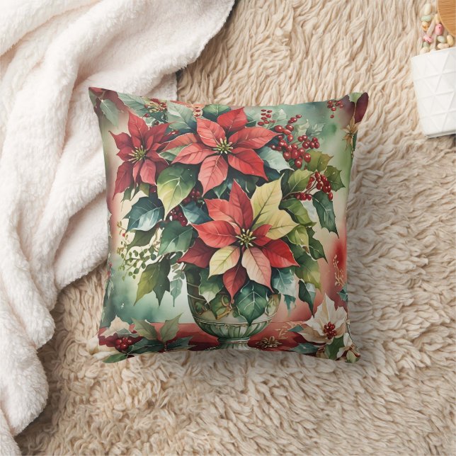 Elegant Watercolor Poinsettia Bouquet Throw Pillow (Blanket)