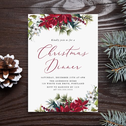 Elegant Watercolor Poinsettia Christmas Dinner Invitation