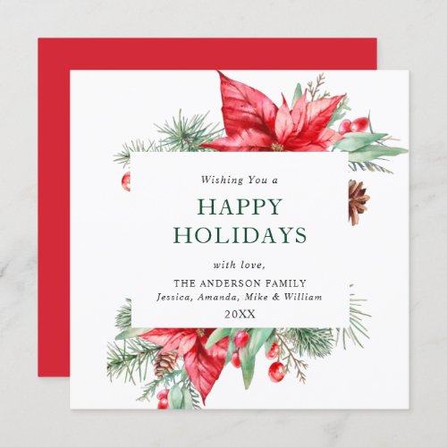 Elegant Watercolor Poinsettia Christmas Greeting Holiday Card