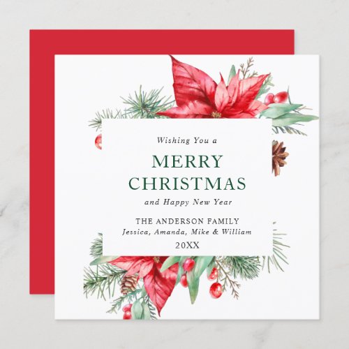 Elegant Watercolor Poinsettia Christmas Greeting Holiday Card