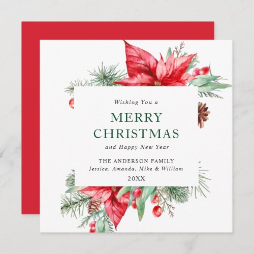 Elegant Watercolor Poinsettia Christmas Greeting Holiday Card