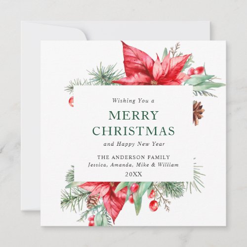 Elegant Watercolor Poinsettia Christmas Greeting Holiday Card