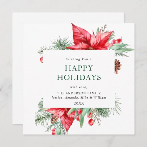 Elegant Watercolor Poinsettia Christmas Greeting Holiday Card