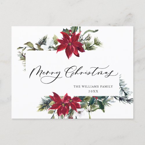 Elegant Watercolor Poinsettia Christmas Greeting Holiday Postcard