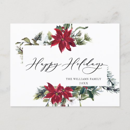 Elegant Watercolor Poinsettia Christmas Greeting Holiday Postcard