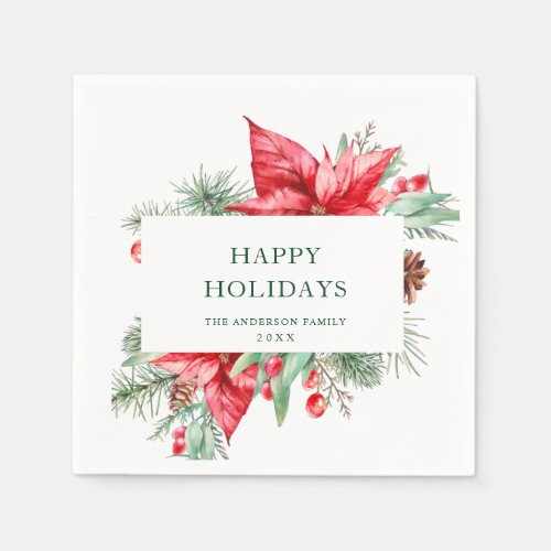 Elegant Watercolor Poinsettia Christmas Holiday Napkins