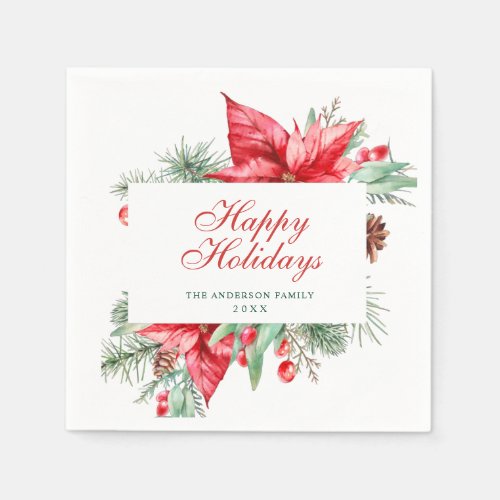 Elegant Watercolor Poinsettia Christmas Holiday Napkins