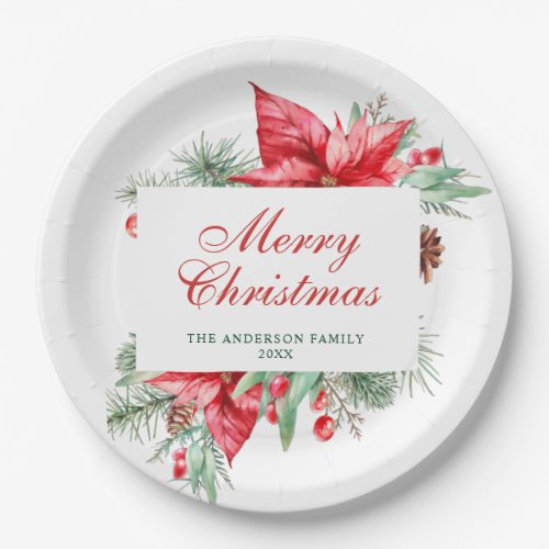 Elegant Watercolor Poinsettia Christmas Holiday Paper Plates