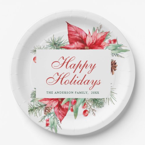 Elegant Watercolor Poinsettia Christmas Holiday Paper Plates