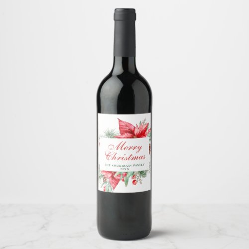 Elegant Watercolor Poinsettia Christmas Holiday Wine Label