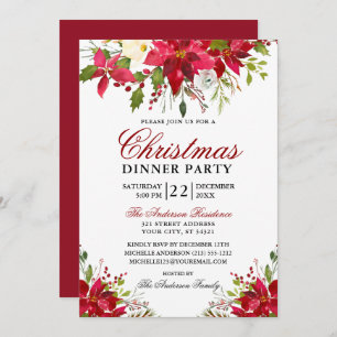 Elegant Watercolor Poinsettia Christmas Party Red Invitation