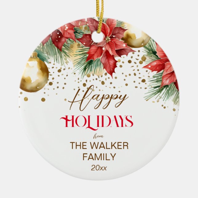 Elegant watercolor poinsettia Christmas photo Ceramic Ornament (Front)