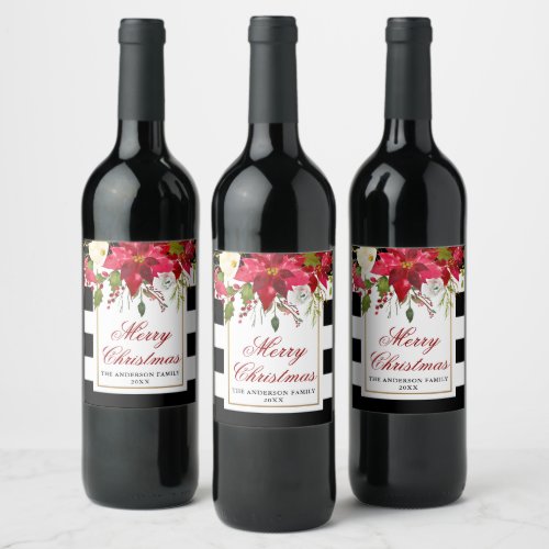 Elegant Watercolor Poinsettia Christmas Striped Wine Label