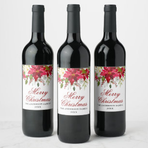 Elegant Watercolor Poinsettia Christmas Wine Label