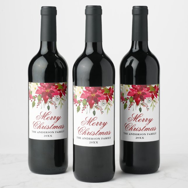 Elegant Watercolor Poinsettia Christmas Wine Label (Bottles)