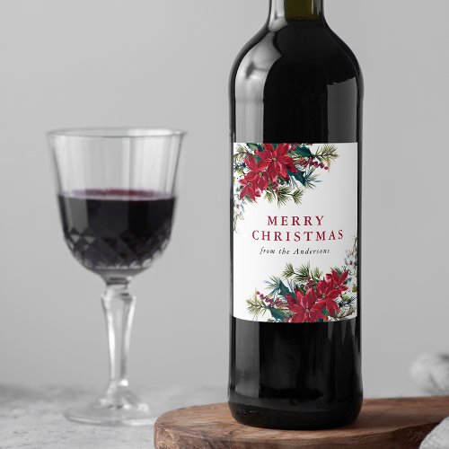 Elegant Watercolor Poinsettia Christmas Wine Label