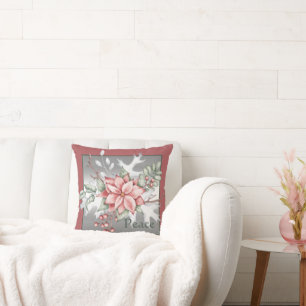 Elegant watercolor poinsettia custom Christmas Throw Pillow