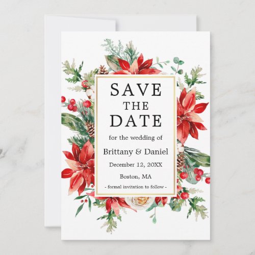 Elegant Watercolor Poinsettia Floral Greenery Save The Date
