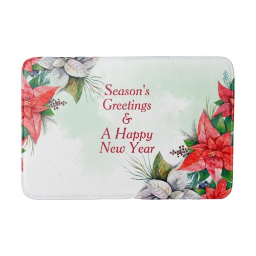 Elegant Watercolor Poinsettia Floral Holly Berry Bath Mat