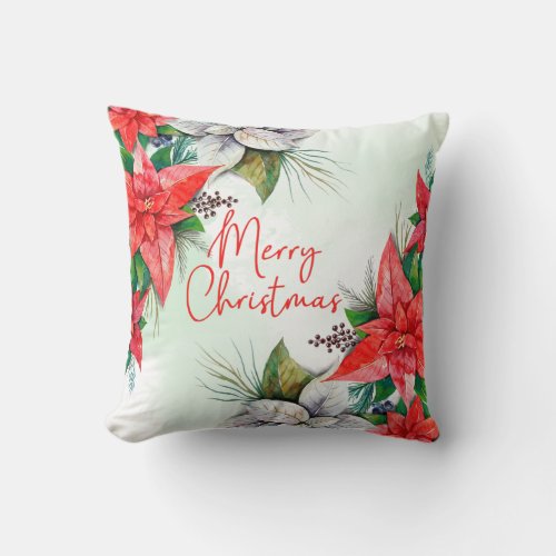 Elegant Watercolor Poinsettia Floral Holly Berry Throw Pillow