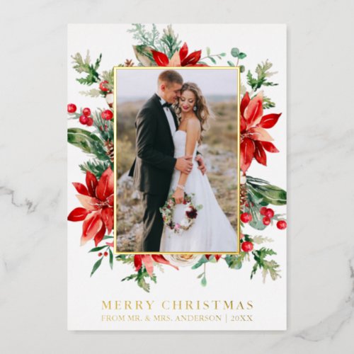 Elegant Watercolor Poinsettia Floral Newlywed Gold Foil Holiday Card