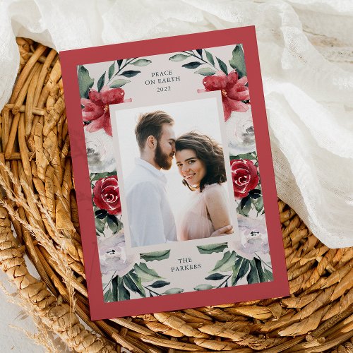 Elegant Watercolor Poinsettia Flowers with Photo Holiday Card