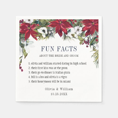 Elegant Watercolor Poinsettia FUN FACTS Wedding Napkins